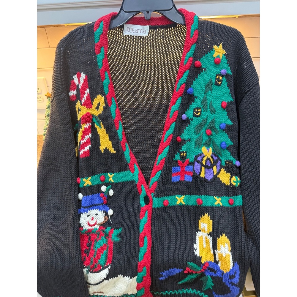 vtg rosanna‎ black unsized embroidered christmas sweater cardigan sweater